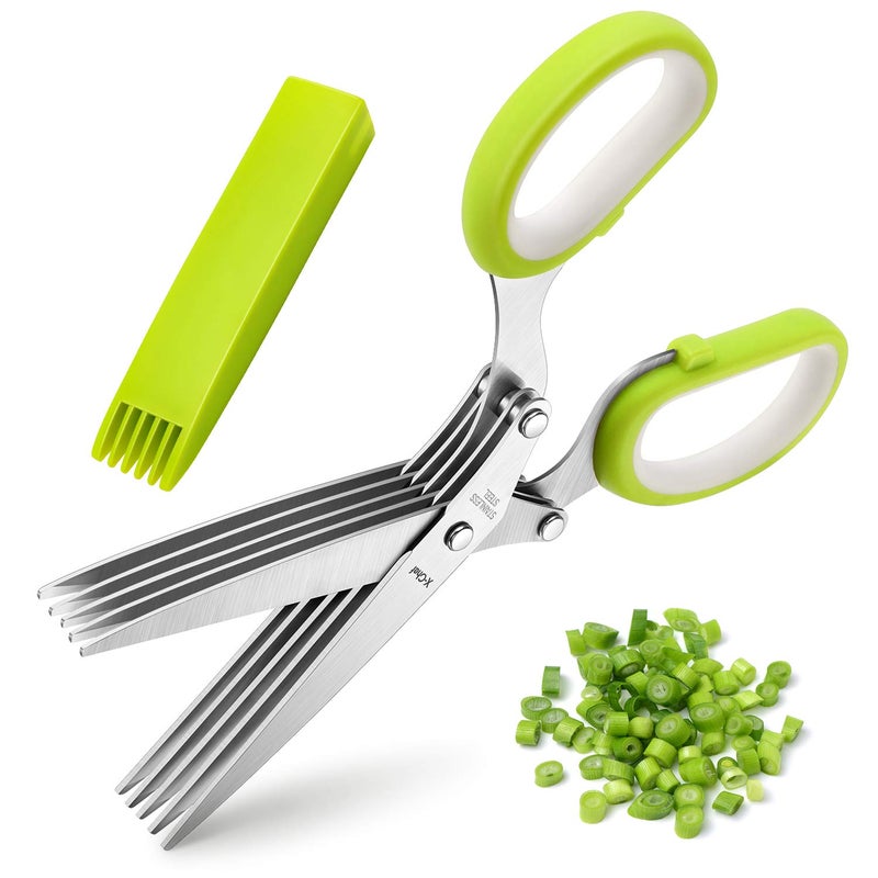 X-Chef Herb Scissors, X-Chef Multipurpose 5 Blade Kitchen Herb Shears Herb Cutter with Safety Cover and Cleaning Comb for Chopping Basil Chive Parsley (Green) - Image 1